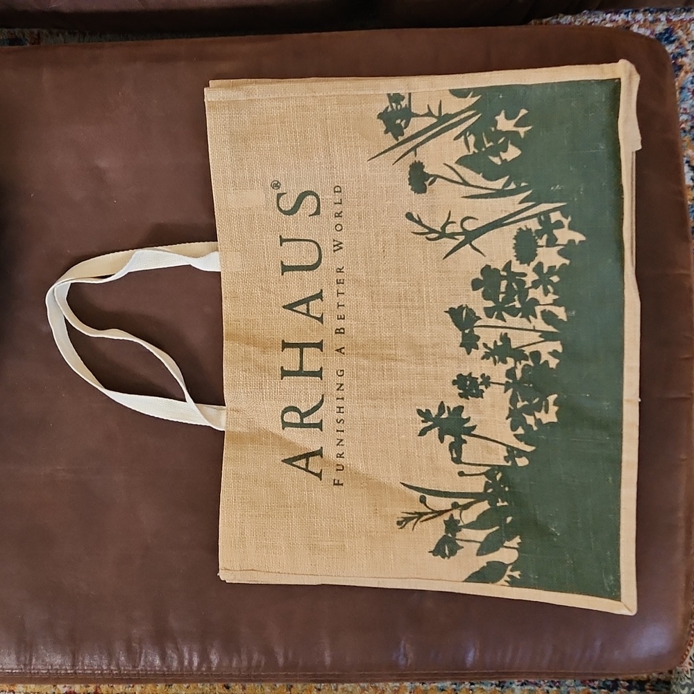 Arhaus Jute Tote XL Burlap with Green Floral pattern